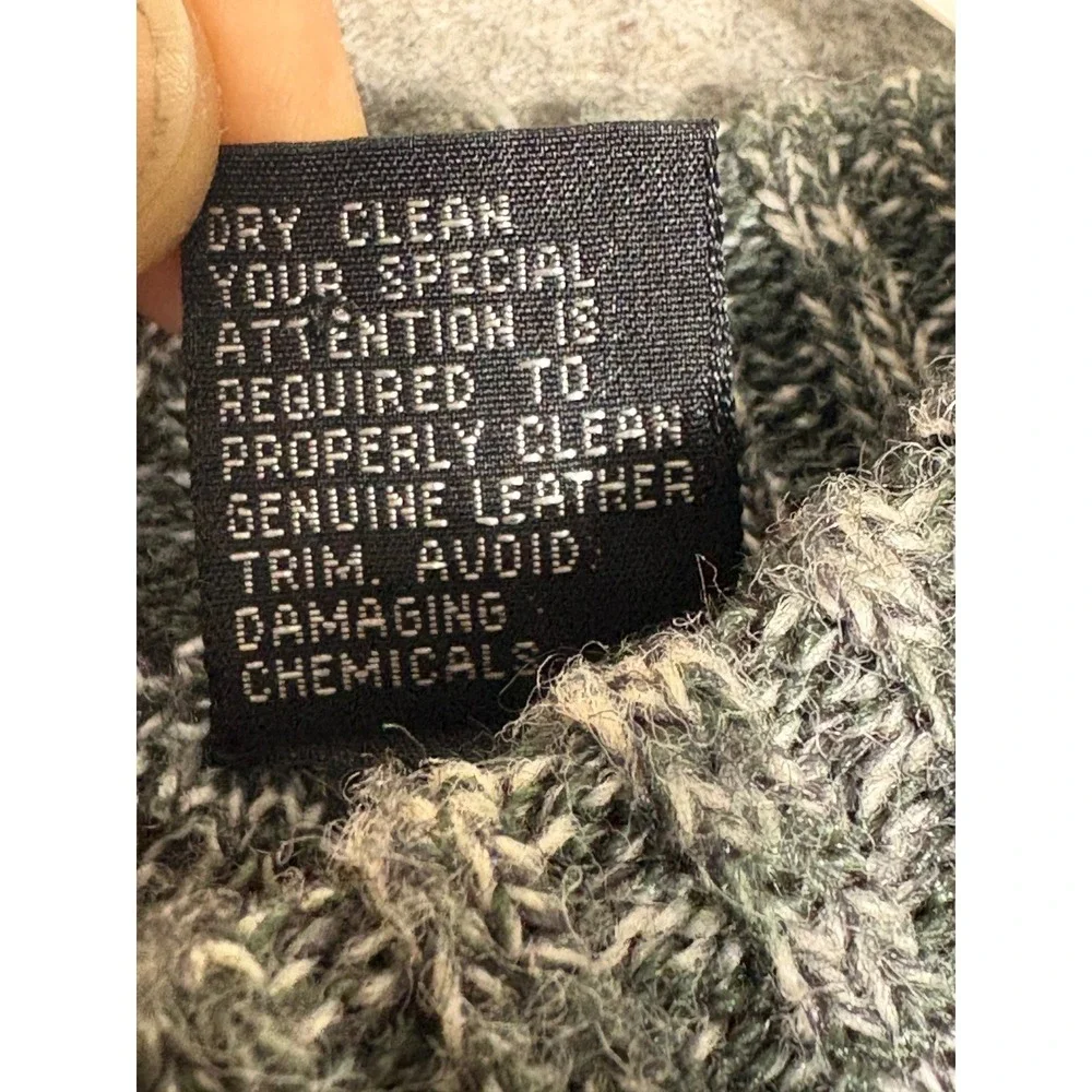 Saxony Vintage Mens Grey Geometric Knit Sweater Genuine Leather Patches Size M